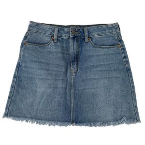 Denim Mini Skirt Size M Medium Wash Blue Jean Frayed Hem Just USA Brand Classic